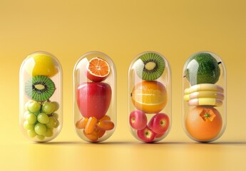 3D illustration depicts medical capsules filled with various fruits for vitamin supplements, promoting health and nutrition