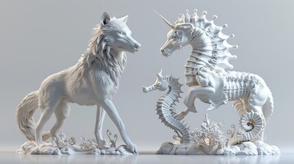 Powerful Wolf and Elegant Seahorse Hybrid Creature in Surreal Digital - Powered by Adobe