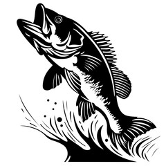 Naklejka premium Jumping Bass Silhouette, Fishing Black and White, Underwater For Crafts & Prints, Sublimation For Shirts - mugs