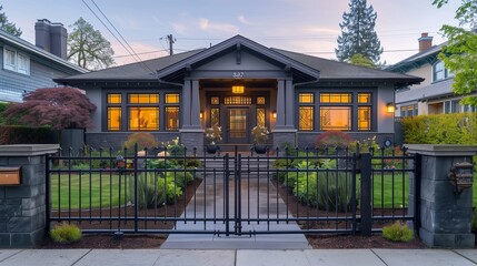 Craftsman house in slate grey with a front yard enclosed by an elegant rod iron gate and window grills, under morning light.