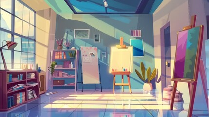 This is a cartoon modern illustration of an art studio room interior with painting supplies and tools - an easel, a tripod stand, paper and brushes, and plaster models.