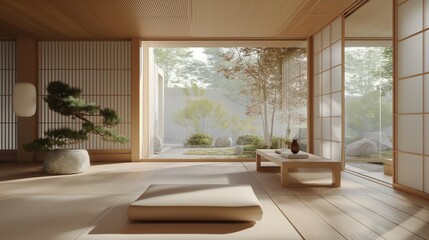 Fototapeta premium Tranquil Fusion: Japandi Minimalist Living Room Harmonizing Japanese and Scandinavian Aesthetics