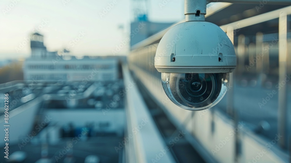 Aufkleber security camera installed on a building with a blurred city backdrop at twilight