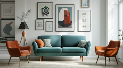 Scandinavian Chic: Modern Living Room with Teal Sofa, Terra Cotta Armchairs, and Art Adorned White Walls