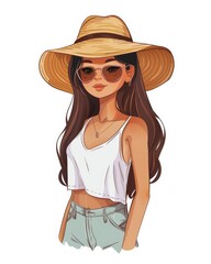Fashionable Female Model Wearing a Straw Hat. Fictional Character Created By Generative AI. 