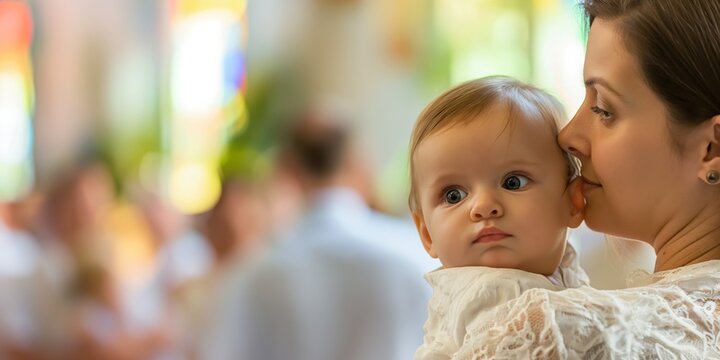 A mother holding her baby, both dressed in white, at a church ceremony, possibly a christening or baptism
