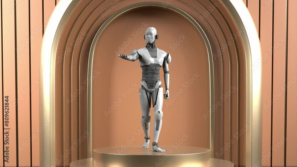 Poster rendering animation of prototype robot humanoid standing on product display futuristic society conce