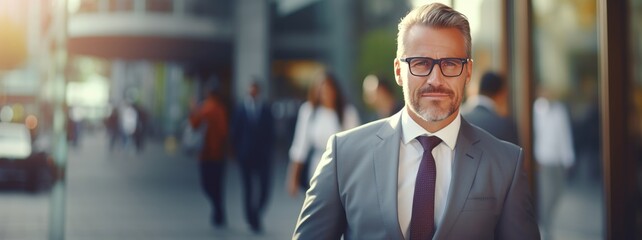 successful elegant middle aged male executive in expensive suit walking purposefully on city