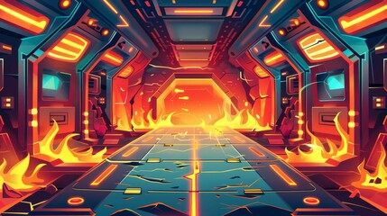 An interior of a spaceship with fire and smoke. Cartoon modern illustration showing a burning shuttle station or laboratory corridor with locked doors and gates, cracks in the ceiling and walls, and