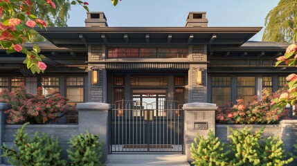 Slate grey craftsman residence with a stylized rod gate and floral accents around window grills.