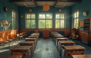 Empty contemporary classroom, devoid of occupants, showcasing modern educational environment and design elements