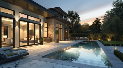 Modern craftsman house with poolside outdoor seating, evening ambiance lighting featured.