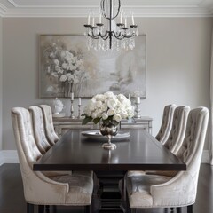 Luxurious Dining Room with a Large Black Table and White Chairs