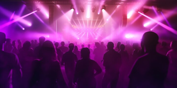 A silhouetted crowd immersed in the vibrant purple lights and atmosphere of a live concert performance
