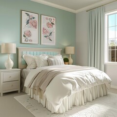A Well-Furnished and Clean Master Bedroom with Pink and White Decor