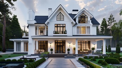 White Craftsman house with a detailed roof and minimalist landscaping.