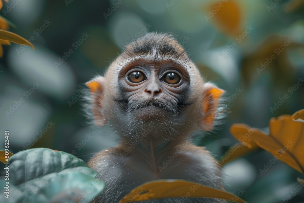 Poster an inquisitive monkey is partially hidden by foliage, creating a sense of discovery and curiosity wi