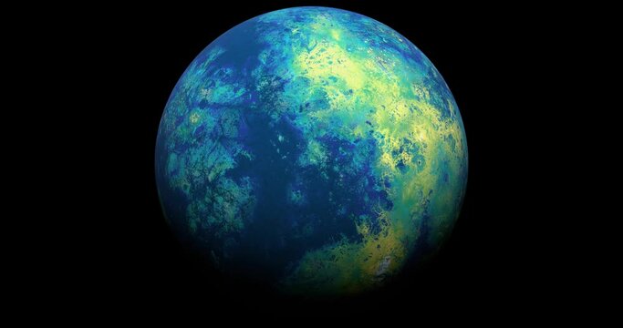 Blue and Green, Earth-like Planet rotating completely against pure black background. Procedural 3d animation and CGI render.