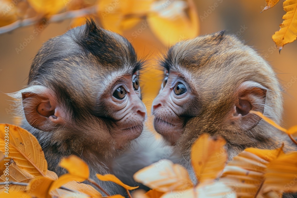 Poster macro shot of a monkey's face partly hidden behind autumn leaves, highlighting intricate details