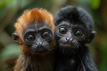 Obraz premium Two monkeys sit back to back surrounded by lush green foliage, highlighting themes of nature, companionship, and animal behavior