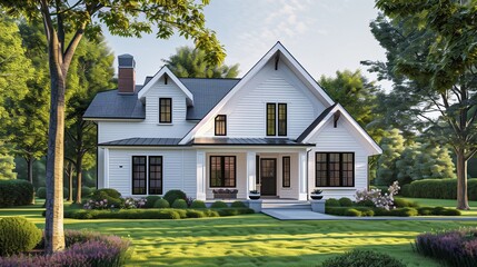 White Craftsman cottage rendered with triple roof, green lawn, and scenic trees.