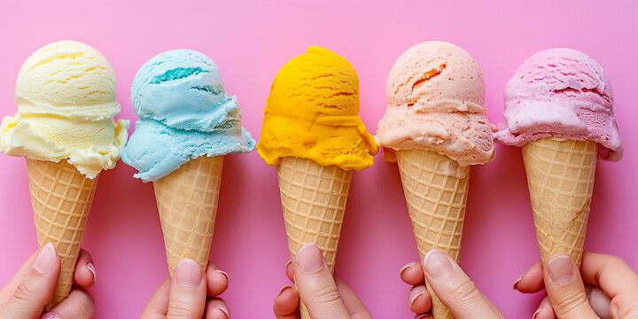 Kugeleis mit Waffel in bunten Farben Hintergrund
