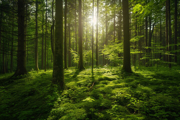 Obraz premium Sunlight streaming through a dense forest, illuminating the lush green undergrowth. Nature and tranquility concept. Design for wallpaper, environmental poster ,gennerlative ai