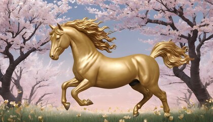 Craft a scene with a golden horse prancing through upscaled 5