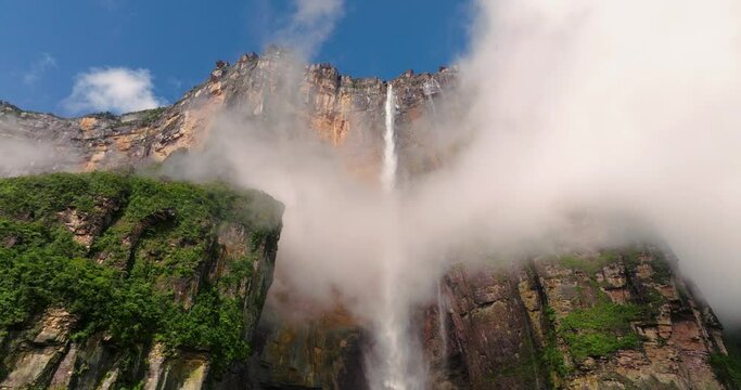 Angel Falls Behind The Fog In Canaima National Park, Bolivar, Venezuela. - wide shot