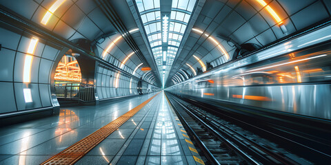 wide angle long exposure photo of a futuristic abstract metro station with two tracks