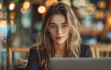 Focused young woman using laptop in a cozy cafe. Urban lifestyle and remote work concept. Design for digital nomad lifestyle poster, banner, gennerlative ai