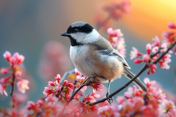 Obraz premium A serene chickadee balances gracefully on the delicate branch of a cherry blossom, with a warm, glowing light illuminating the background