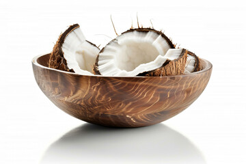 a coconut in a wooden bowl on a white surface