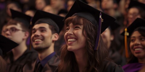 Obraz premium A female graduate smiles broadly among her peers at graduation ceremony, radiating joy and accomplishment