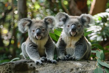 Fototapeta premium Two fluffy koalas engaged in a relaxed pose perched on a branch surrounded by lush green foliage in the backdrop