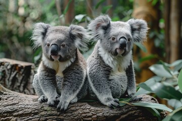 Naklejka premium Image captures the serene scene of two koalas resting on a wooden log amidst vibrant green foliage within their natural habitat