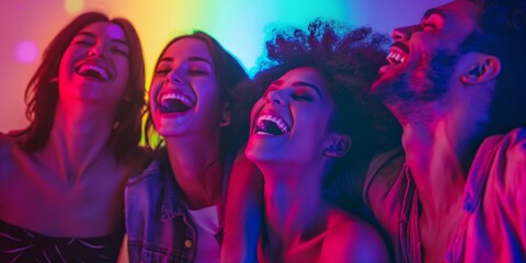 Fototapeta premium A diverse group of friends share laughter and joy at a vibrant party lit by colorful neon lights