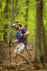 A man is walking in the woods with a backpack and poles. He is wearing a purple shirt and gray...