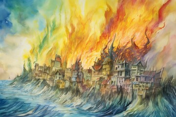 A painting of a city with a large wave crashing into it