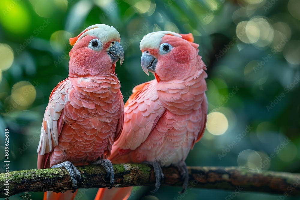 Poster two vivid red parrots with curious expressions are captured in sharp detail on a green tree branch, 