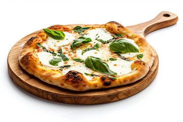 a pizza with cheese and basil on a wooden board