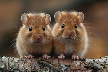 A detailed close-up capturing the texture and color contrast of two hamsters sitting on a textured tree branch in natural habitat
