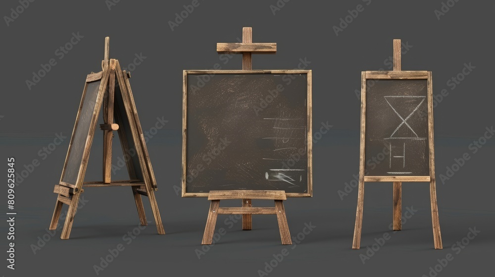Aufkleber a realistic 3d modern illustration set of an empty tripod stand for canvas or chalkboard with brown 