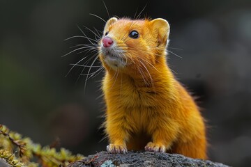 A vivid image of a cute, golden-colored wild rodent with large, round eyes standing alert on a mossy rock