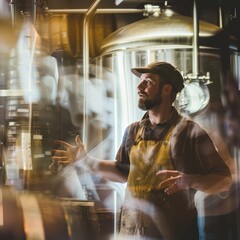 A brewer in a brewery explaining the brewing process, with barrels and brewing equipment blurred behind.