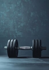 A single dumbbell resting on a textured blue surface, focused on fitness and strength.