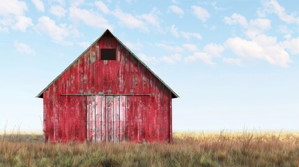 Old red barn in a grass field under a clear sky