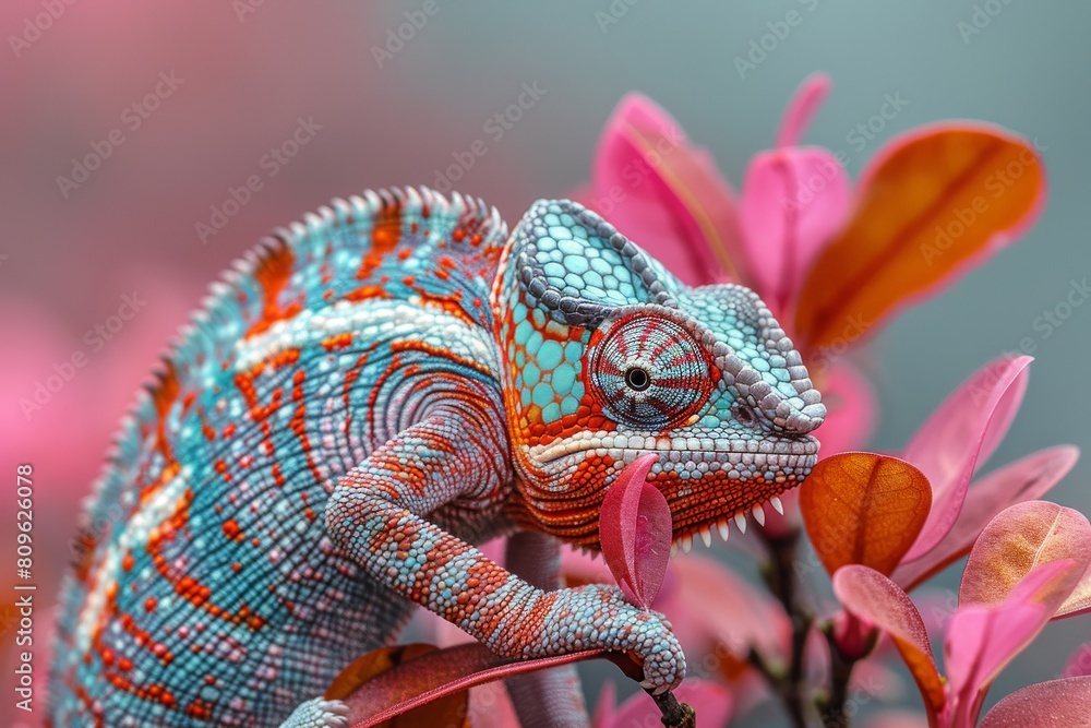 Poster a sharp image capturing the rich, vivid colors of a chameleon blending with the beautiful hues of a 