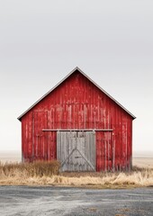 Weathered red barn surrounded by tall grass in rural setting