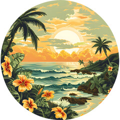 Seasonal Landscape T-shirt Design with Circular Background.
